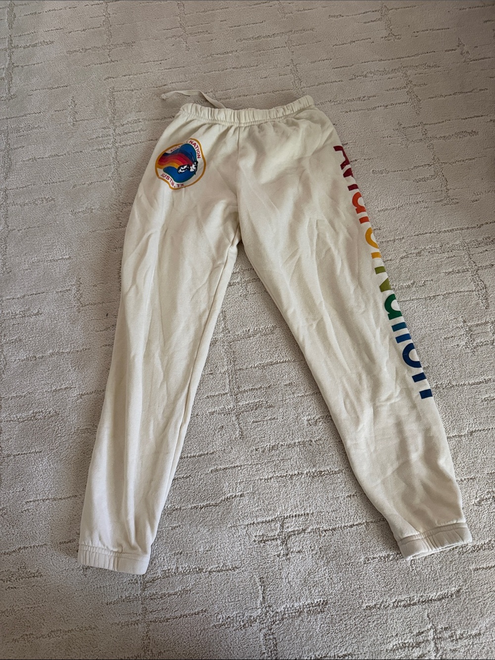 Aviator Nation Sweatpants-Rainbow Logo (Austin, TX) & Lettering down right leg
